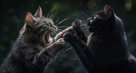 Two cats playfully fighting, captured mid-action with fur flying, illuminated by soft natural lightの素材