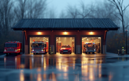 Fire station with fire trucks and emergency vehicles ready, illuminated in the misty evening, reflecting on the wet groundの素材