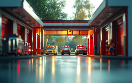 Fire station with fire trucks and emergency vehicles ready, illuminated in the misty evening, reflecting on the wet groundの素材
