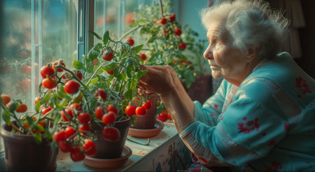 Elderly woman nurturing ripe tomatoes growing on her windowsill, embodying the joy of home gardeningの素材