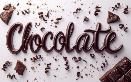 Glossy Chocolate text surrounded by scattered chocolate pieces on a white backgroundの素材