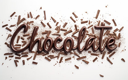 Glossy Chocolate text surrounded by scattered chocolate pieces on a white backgroundの素材