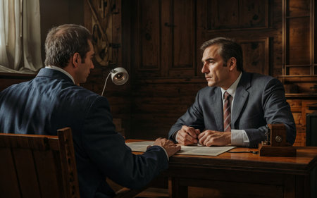 Lawyer in a professional setting, engaged in a serious discussion with a client, providing legal adviceの素材