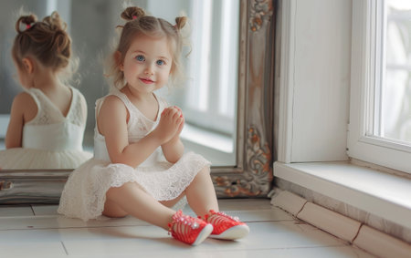 Elegant girl child sitting on the floor with her back to the mirrorの素材