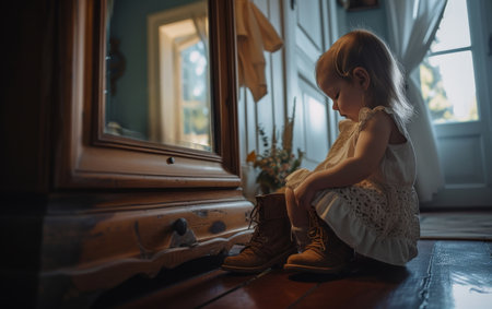 Child in a white dress sits by a vintage mirror, near oversized boots, evoking a sense of nostalgiaの素材