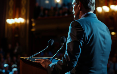 Man in a suit standing at a podium, delivering a speech to an attentive audience in a hallの素材