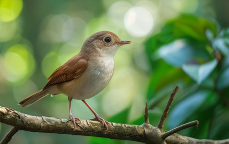 A small bird perched on a branch, surrounded by vibrant green foliage, illuminated by soft, natural lightの素材