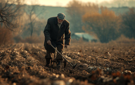 Elderly farmer diligently tilling the soil in a field using a manual tool, embodying the essence of traditional farmingの素材