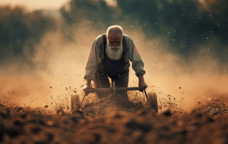 Elderly farmer diligently tilling the soil in a field using a manual tool, embodying the essence of traditional farmingの素材