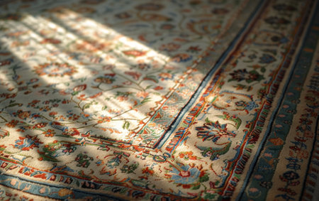 Sunlight casting shadows on a detailed, colorful oriental rug, highlighting its intricate designの素材