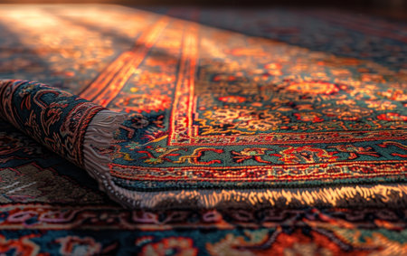 Sunlight casting shadows on a detailed, colorful oriental rug, highlighting its intricate designの素材