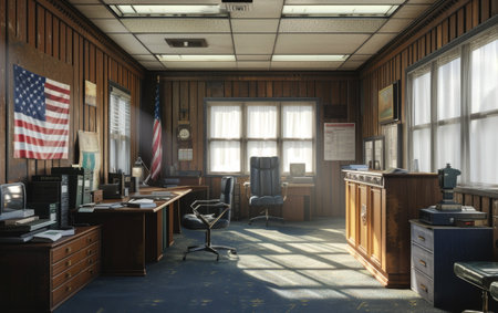Empty room in a police station, filled with the silent anticipation of law enforcement dutiesの素材