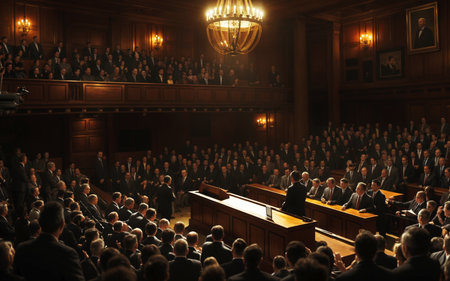 Politician addressing a full assembly hall during a significant political eventの素材