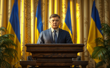 Ukrainian presidential candidate delivering a passionate speech from the podium, engaging with the citizens during a political rallyの素材