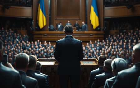 Ukrainian presidential candidate delivering a passionate speech from the podium, engaging with the citizens during a political rallyの素材