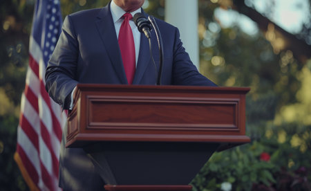 Presidential candidate in the USA delivering a compelling speech from the podium, with the American flag as a backdropの素材