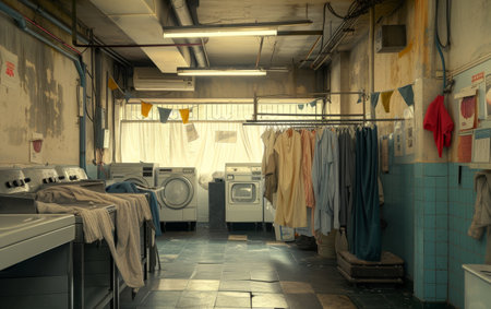 Vintage public laundromat filled with old washing machines and dryers, a testament to communal living and routine choresの素材