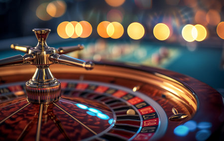 Close-up of a spinning roulette wheel with a golden spinner, vibrant colors, and bokeh lightsの素材