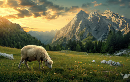 A sheep is peacefully grazing in a field, with stunning mountains serving as a breathtaking backgroundの素材