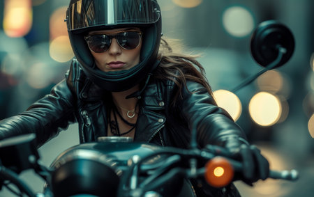 Female motorcyclist with a helmet riding a motorcycle in urban settingの素材