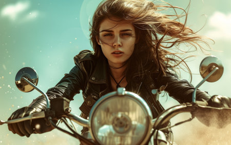 Young woman riding a motorcycle with a dramatic sky backdropの素材