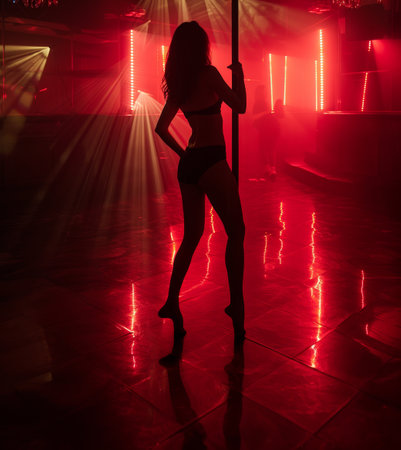 Dancer with a seductive pose in neon-lit club ambiance near the poleの素材