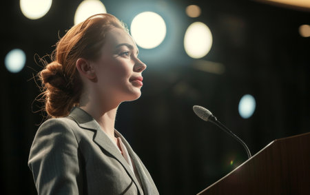 Elegant professional woman speaking confidently at a podium with a microphoneの素材