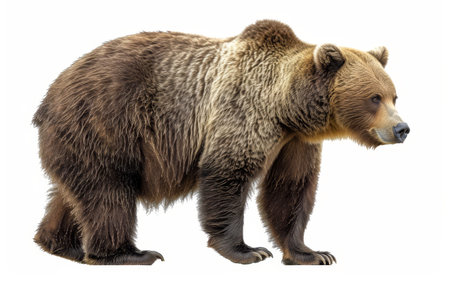 A detailed close-up of a brown bear, showing its thick fur and powerful build, isolated on a white backgroundの素材