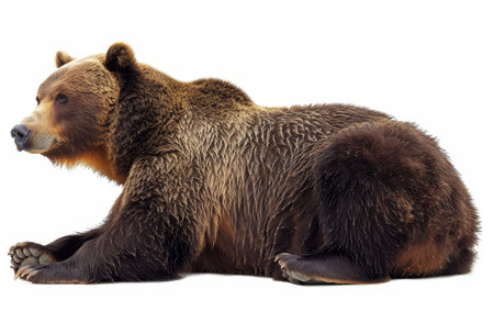 A detailed close-up of a brown bear, showing its thick fur and powerful build, isolated on a white backgroundの素材