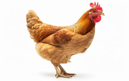 A vibrant, detailed close-up of a brown chicken with a red comb, isolated on a white backgroundの素材