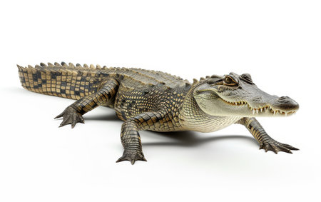 A detailed close-up of a crocodile, showing its textured skin and menacing appearance, isolated on a white backgroundの素材