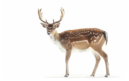 A majestic spotted deer with impressive antlers, isolated on a white backgroundの素材