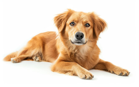 A golden retriever dog lying down, its face obscured, isolated on white backgroundの素材