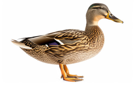 A detailed close-up of a mallard duck, showing its intricate feather patterns and vibrant colors, isolated on whiteの素材