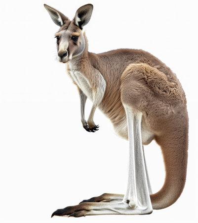 A detailed close-up of a kangaroo, showing its intricate fur and muscular build, isolated on a white backgroundの素材