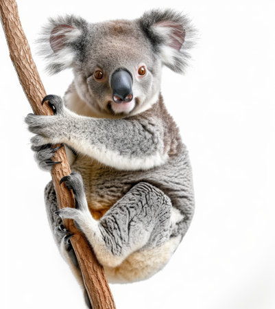 Cute koala bear clinging to a tree branch, isolated on white backgroundの素材