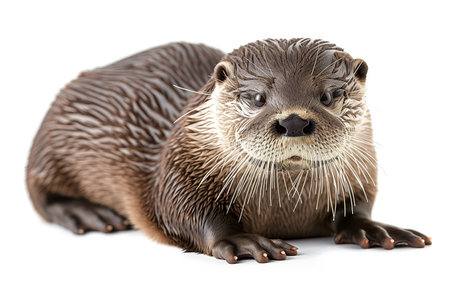 Close-up of a brown otter lying down, looking at the camera with a white backgroundの素材
