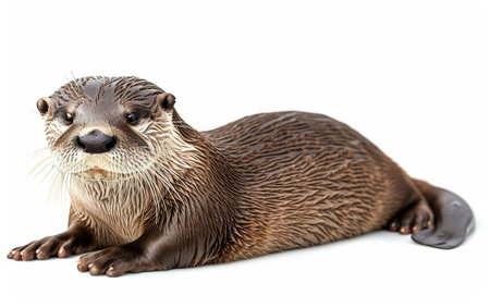 Close-up of a brown otter lying down, looking at the camera with a white backgroundの素材