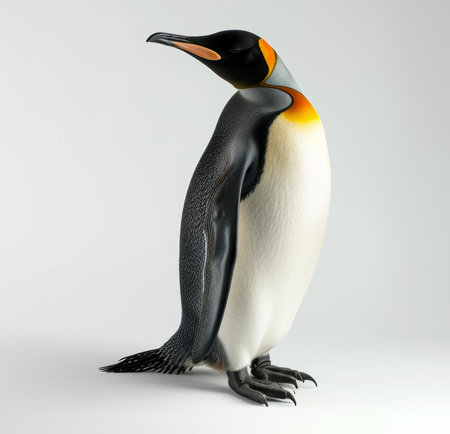A detailed close-up of a King Penguin, showing its vibrant colors and intricate feather patterns on a white backgroundの素材