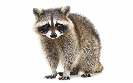 A detailed close-up of a raccoon, showing its intricate fur pattern and curious gaze, isolated on a white backgroundの素材