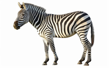 A zebra with striking black and white stripes stands gracefully, isolated on a white backgroundの素材