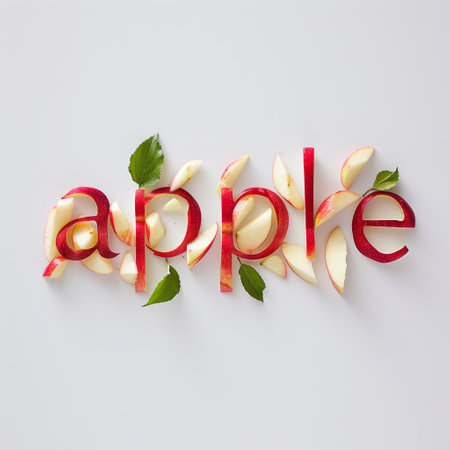 The word apple artistically spelled out with fresh apple slices on a light backgroundの素材