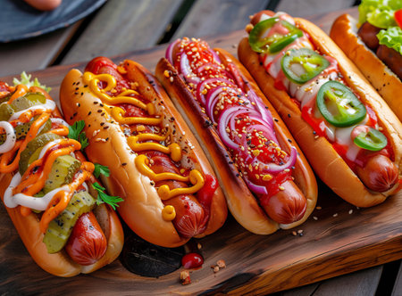 Delicious gourmet hot dogs with various toppings on a wooden board. A perfect snack for a summer picnic or barbecue partyの素材