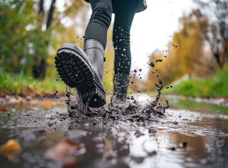 A girl in boots stepping into a muddy puddle, splashing water, amidst an autumn settingの素材