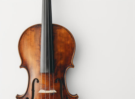 A close-up of a vintage violin against a white background, showing its rich wooden texture and elegant designの素材