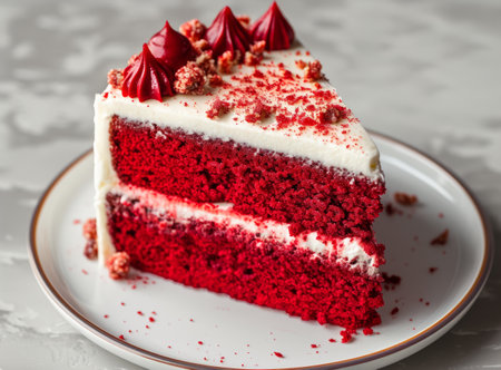 A slice of red velvet cake with cream, surrounded by crumbs, on a red backgroundの素材