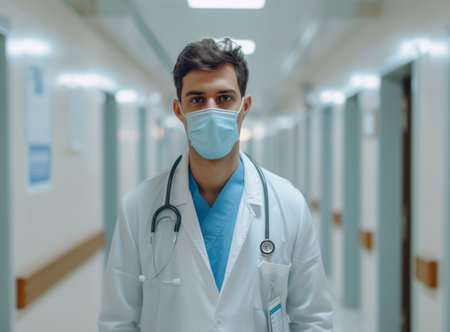 A doctor in a white coat and medical mask stands confidently in a well-lit modern hospital corridorの素材