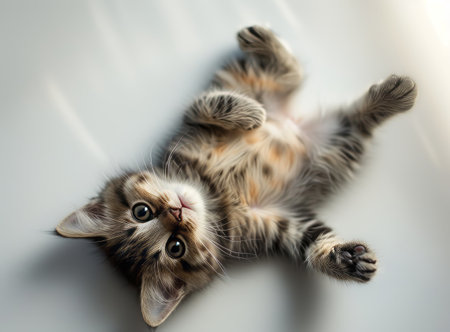 The image shows an adorable kitten lying on its back, looking at the camera with big, bright eyes. It has a tabby pattern with soft fur and a relaxed poseの素材