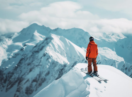 A skier in orange gear stands atop a snowy peak, gazing at the majestic snow-capped mountains under a clear skyの素材