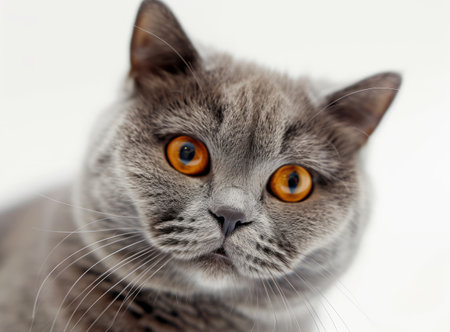 Close-up portrait of a gray cat with bright orange eyes. British breedの素材